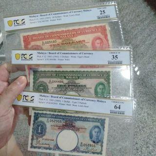 Malaya $1 UNC, $5 GVF, $10 VF PCGS notes set.