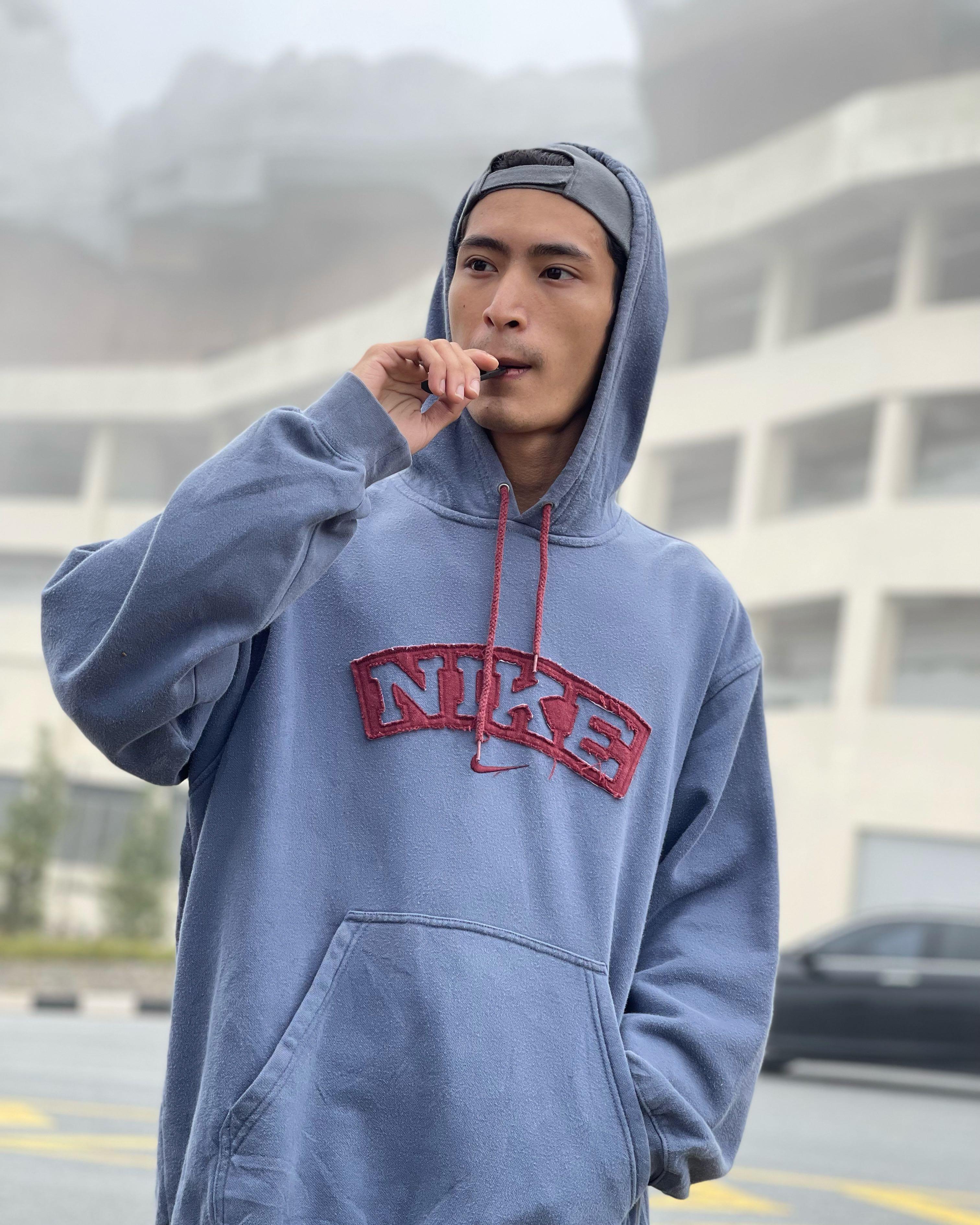 Grey nike hoodie red sale logo