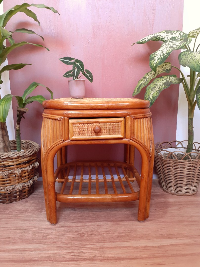 2tier rattan side table stool night stand wicker cane with drawer