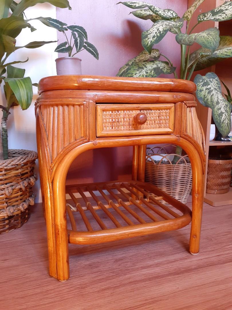 2tier rattan side table stool night stand wicker cane with drawer