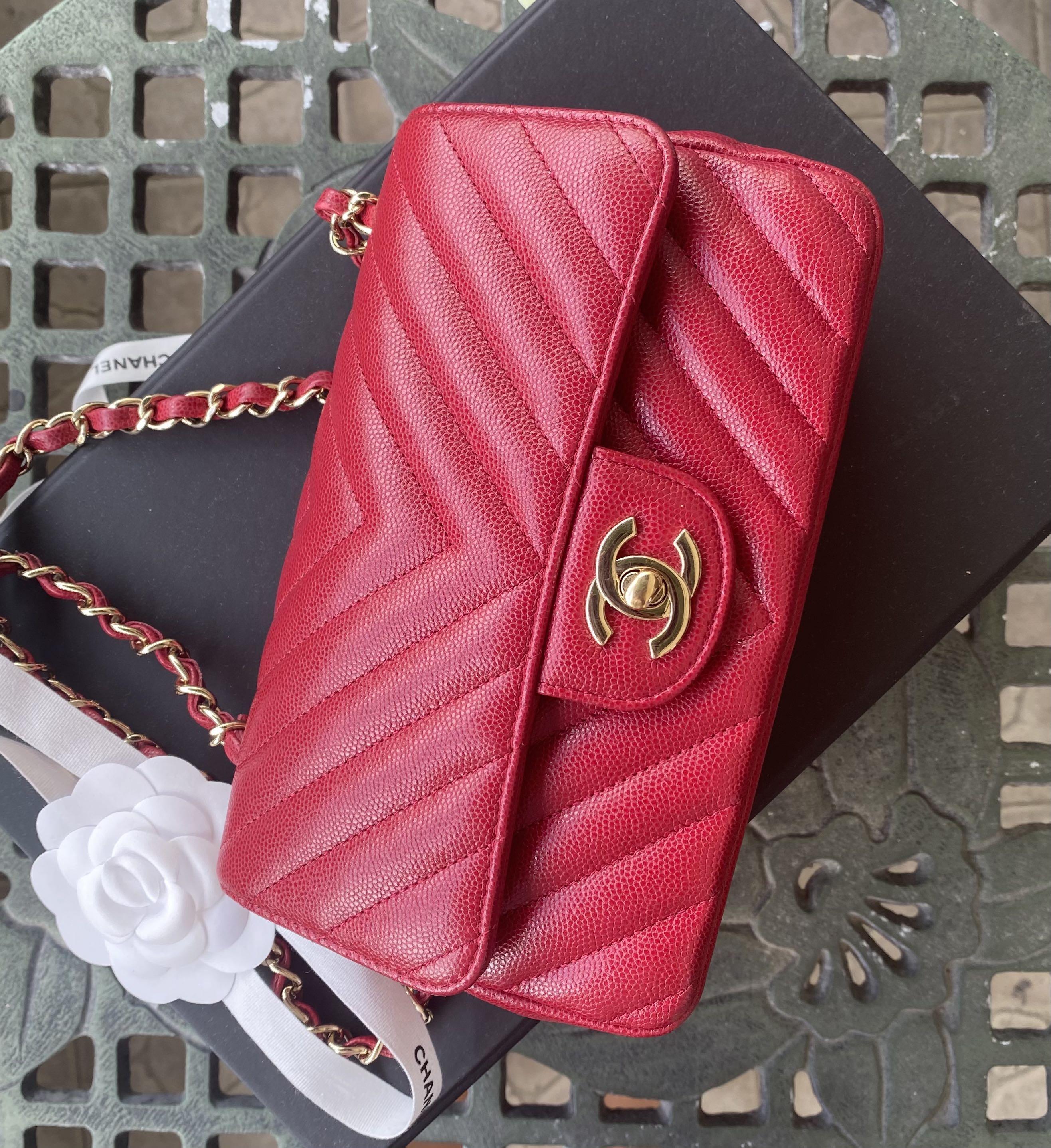 Chanel mini rectangular in raspberry red #26, Luxury, Bags