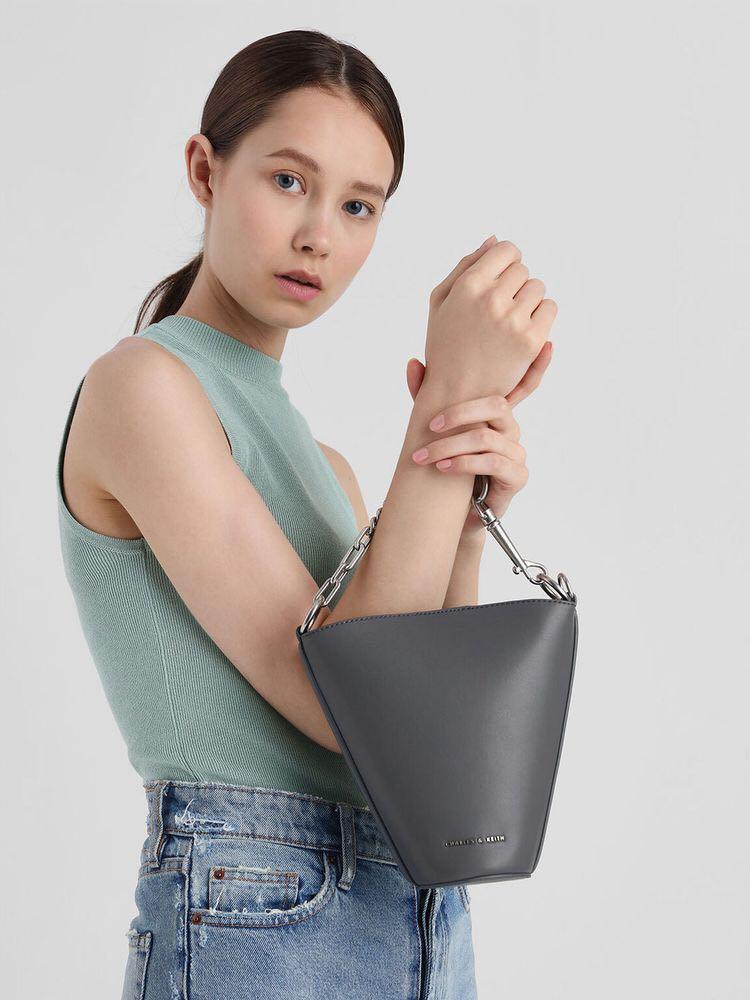CHARLES & KEITH Prune Mini Slanted Bucket Bag Grey, Fesyen Wanita