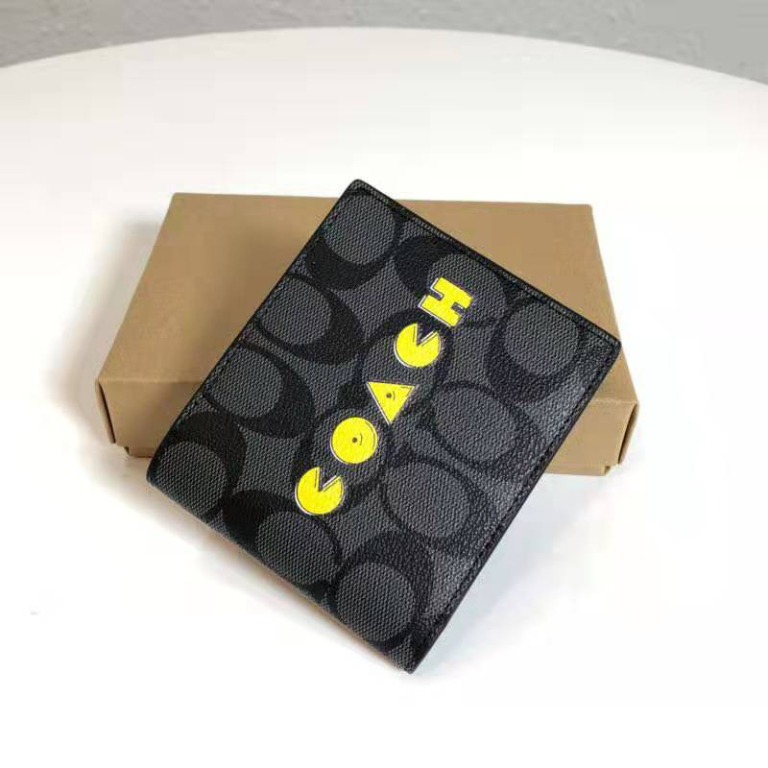 Coach Original Classic Black Billfold Wallet In Signature Canvas With Pacman Men Short Fold Wallet For Men Come In Box Suitable For Gift