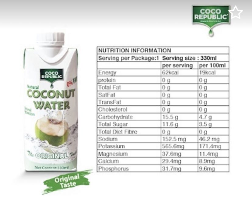 Coco Republic coconut water 330ml x 24 packets, Food & Drinks