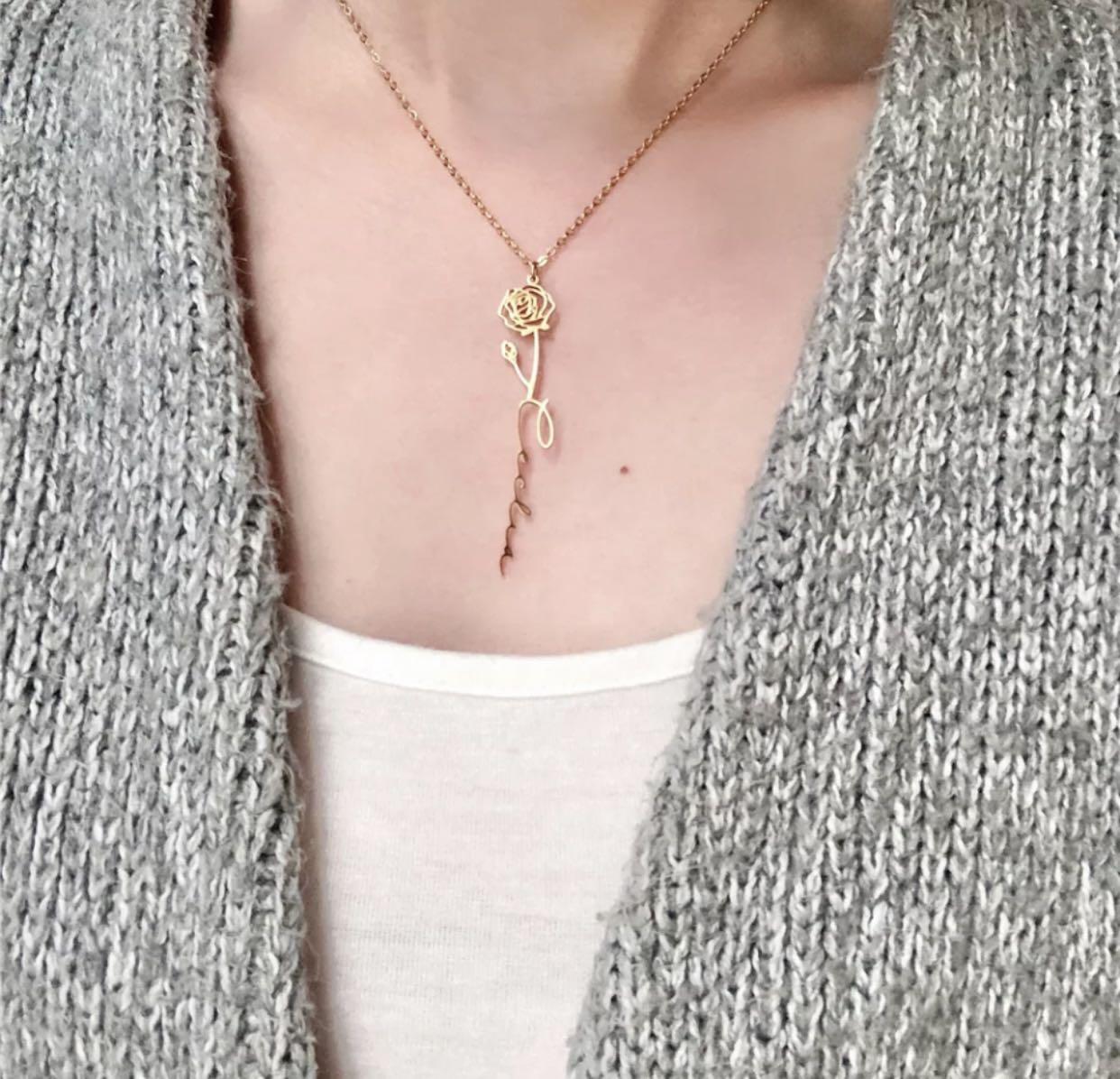 Custom Engrave Birth Flower Name Necklace Bohemian Style