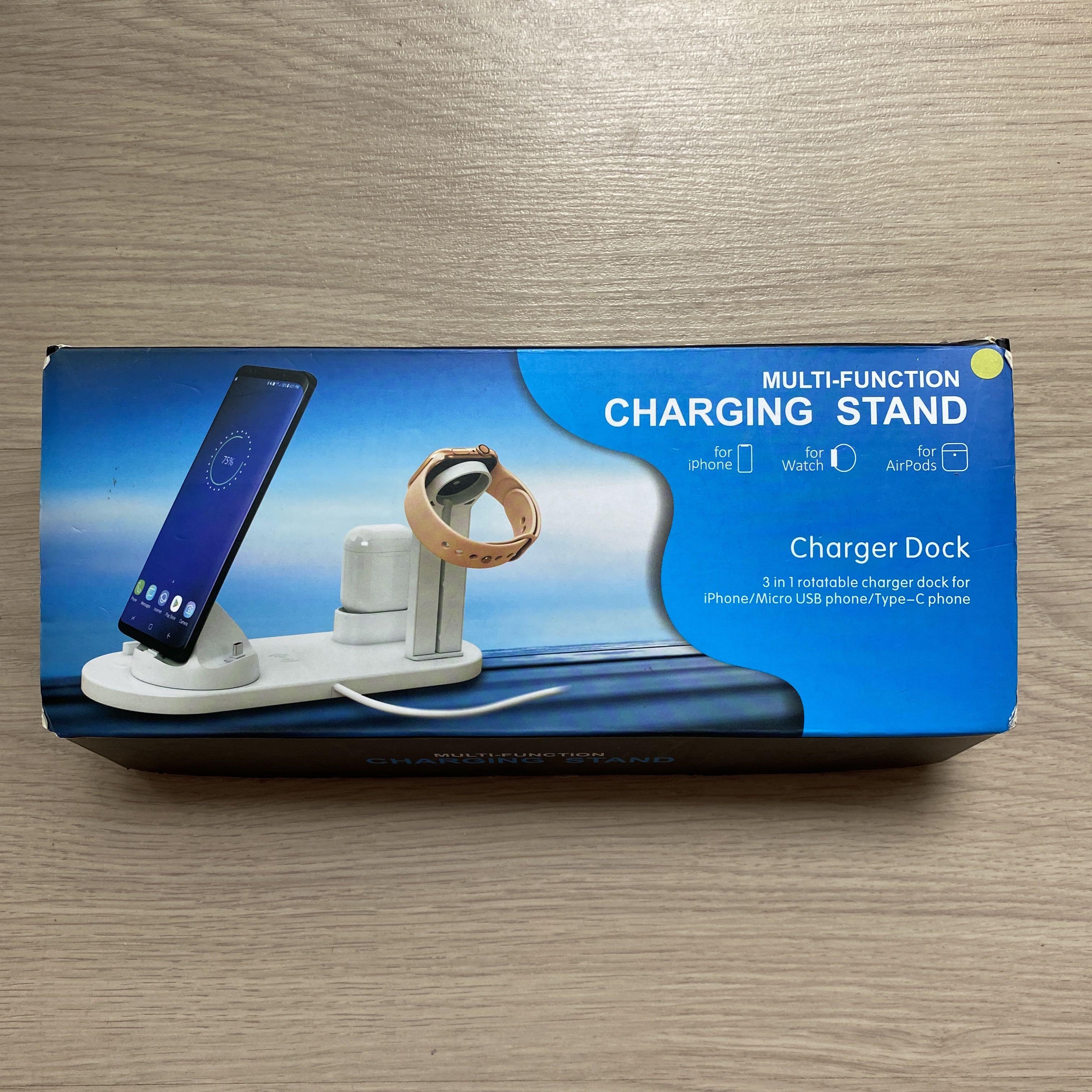 Multi-Function Charging Dock (Category: Chargers) located in Singapore. Submitted by suff1r4 (Listing ID 1125141098, Image 1). Description: • opened to try but never used • RFS: got a smaller stand instead, did not need so many ports • condition 10/10, NEW • can charge iphone, apple watch, airpods gen 1/2 • 3 types- iphone/micro usb/type-c • rotatable stand.
