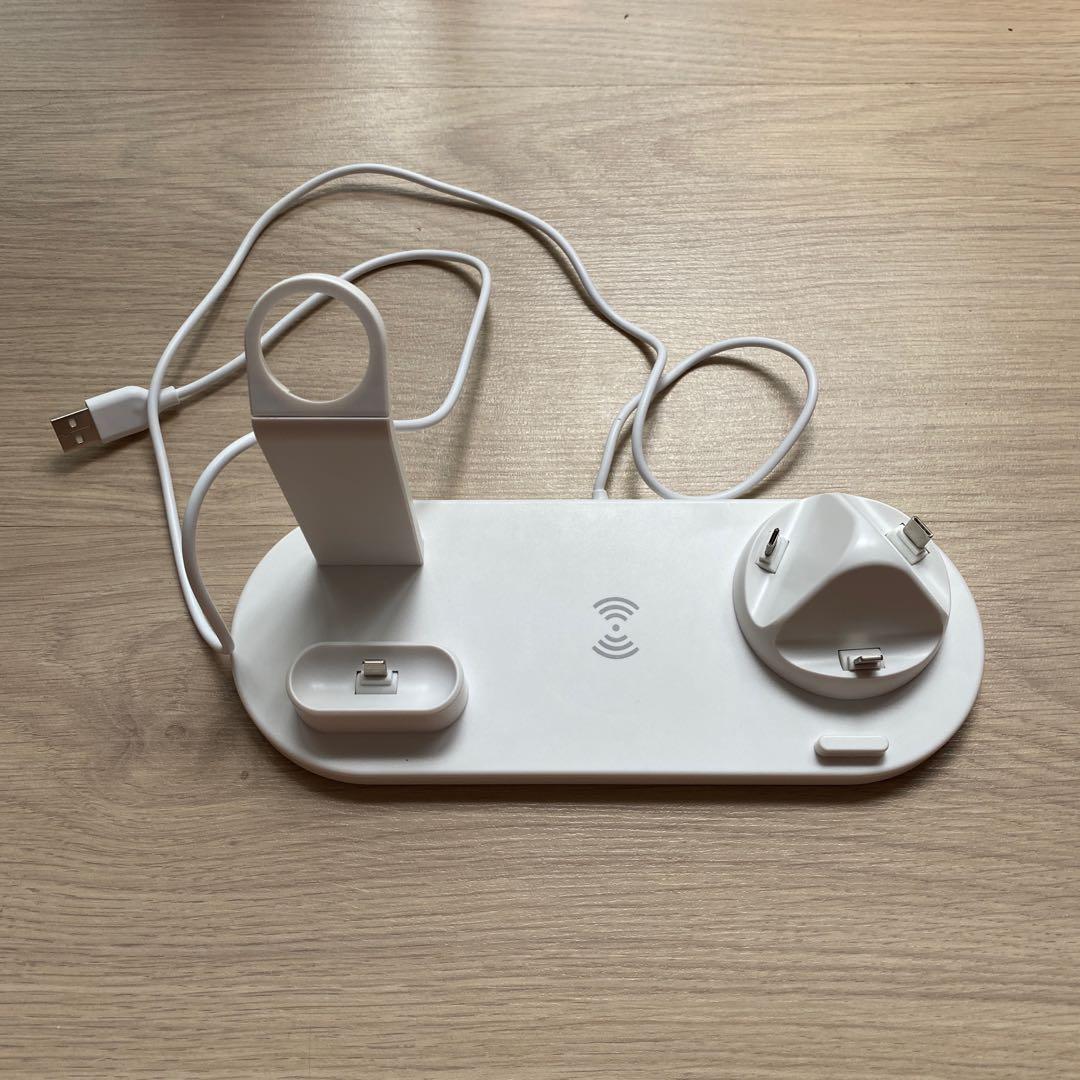 Multi-Function Charging Dock (Category: Chargers) located in Singapore. Submitted by suff1r4 (Listing ID 1125141098, Image 3). Description: • opened to try but never used • RFS: got a smaller stand instead, did not need so many ports • condition 10/10, NEW • can charge iphone, apple watch, airpods gen 1/2 • 3 types- iphone/micro usb/type-c • rotatable stand.