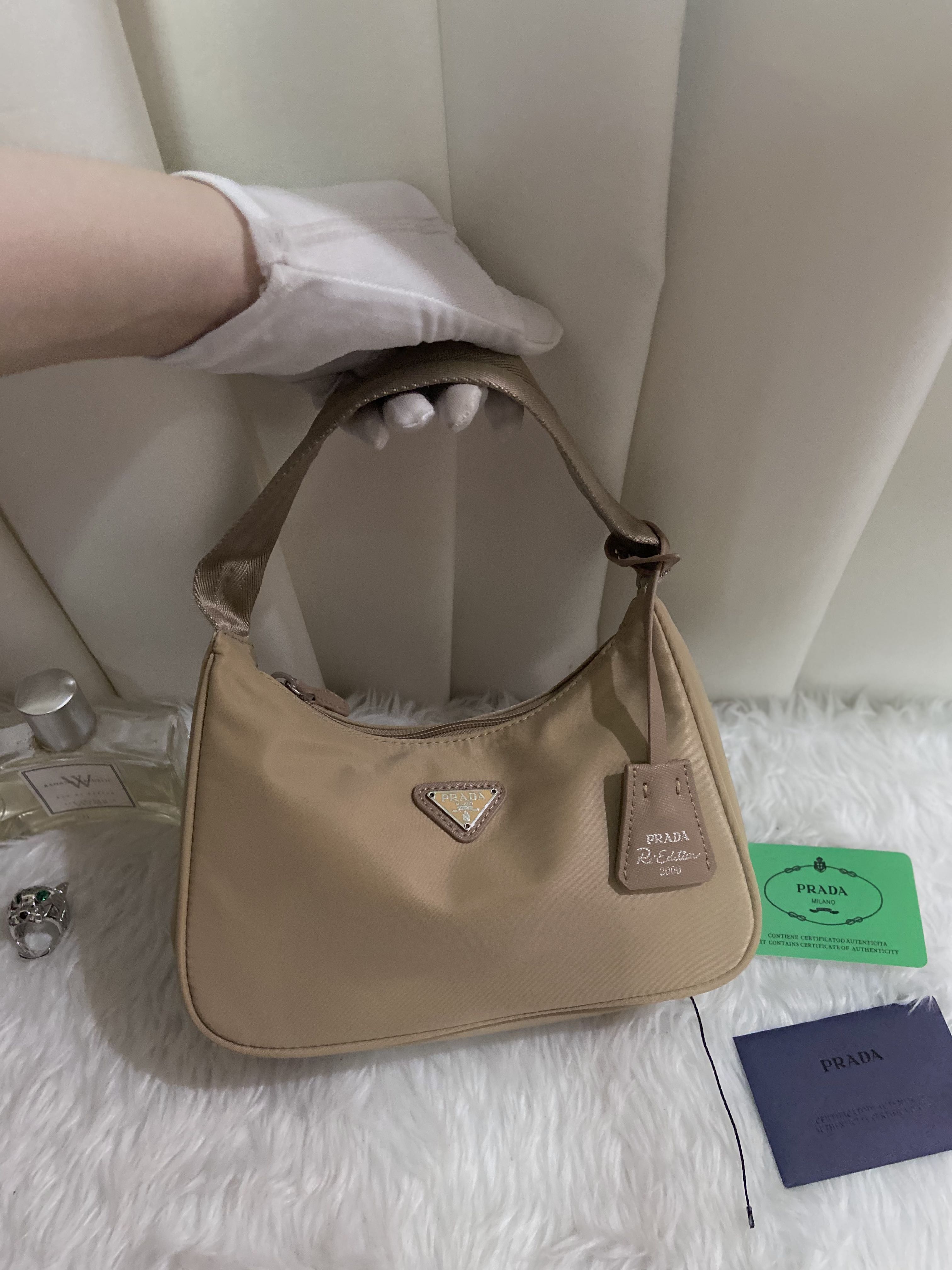 Prada re-edition tessuto beige hobo nylon bag from singapore , Luxury ...