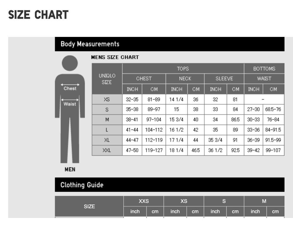 Size Charts Untuk Atasan Uniqlo Man