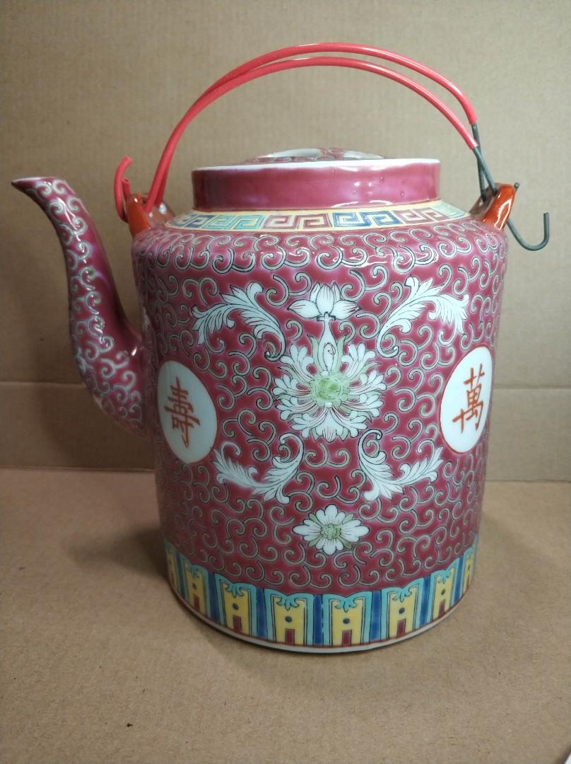 50-60年代景德鎮粉彩紅萬壽直筒壺圓印底款茶具瓷器, 興趣及遊戲, 收藏 