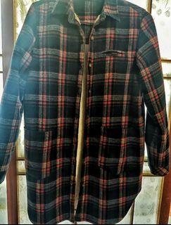 韓國格紋毛料內羔羊毛口袋保暖長版襯衫外套