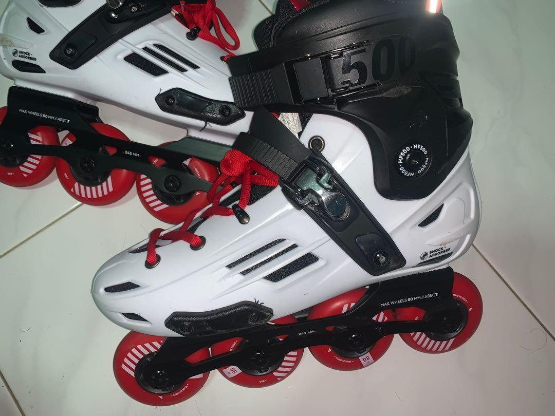 Oxelo Mf500 Adult Freeride Hardboot Inline Skates White Red Sports Equipment Sports Games Skates Rollerblades Scooters On Carousell