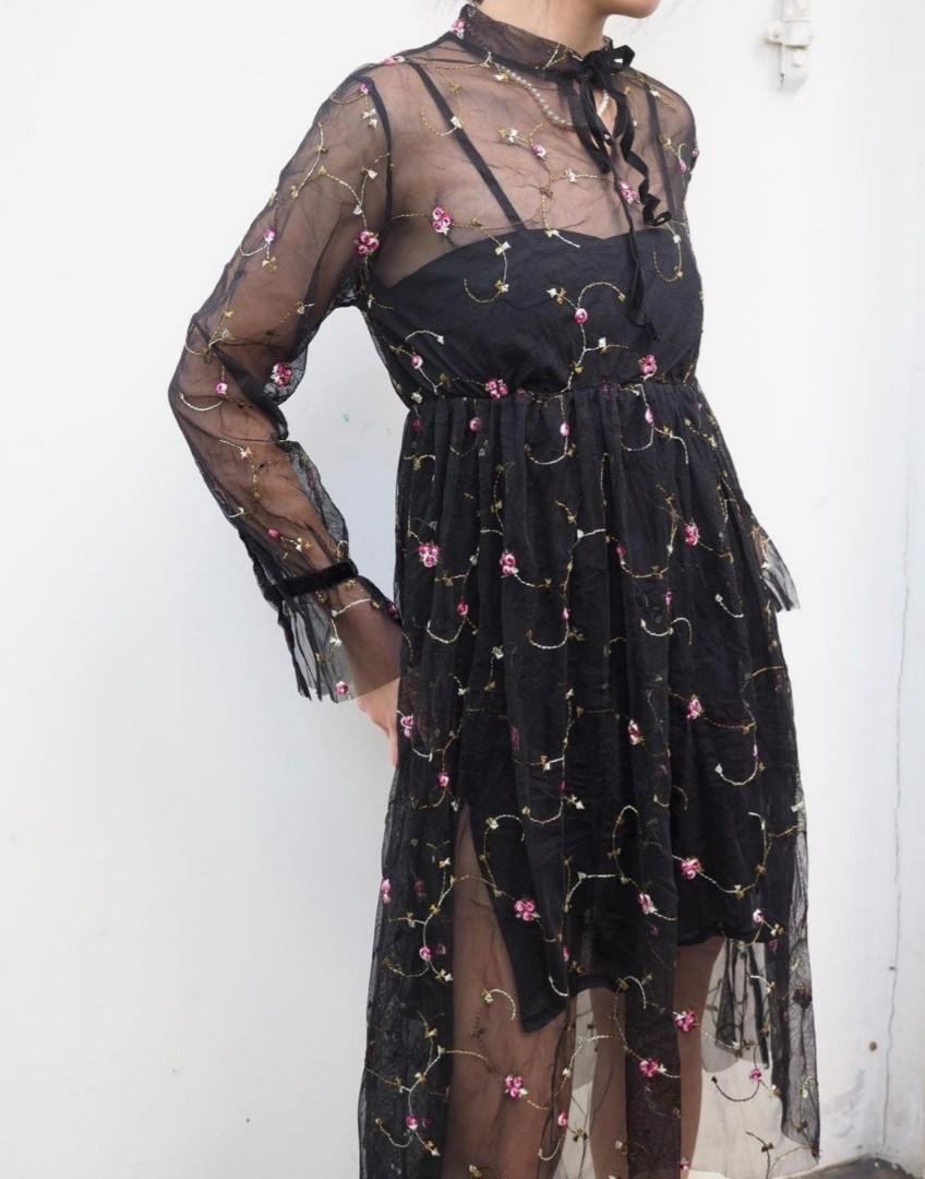 AVAILABLE black slip floral flower dress see through uzzlang y2k