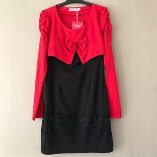 Black / Red Lace Puff Long Sleeves Dress Size XXS