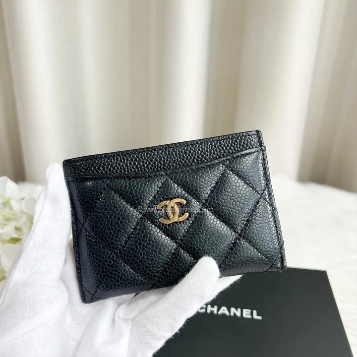 NEW 🖤 Chanel Black Caviar Flat Card Holder Wallet GHW 🖤Fullset