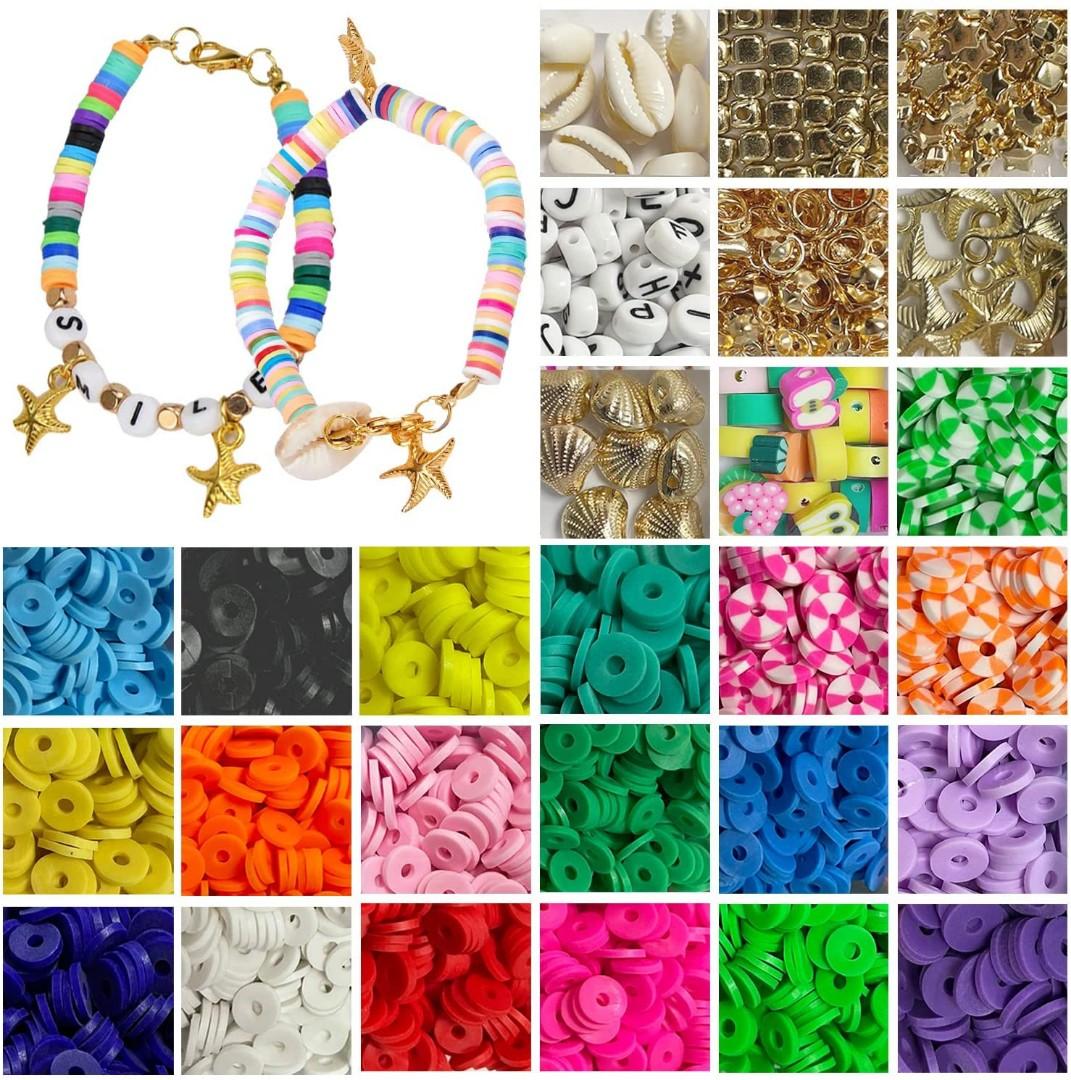 Clay Beads for Jewelry Bracelet Making Kit 4000 PCS 6mm Flat Round Beads  DIY Jewelry Marking Kit for Bracelets Necklace Earring Letter Bead Jump  Rings Elastic String Cord Pendant Charms, 興趣及遊戲, 手作＆自家設計