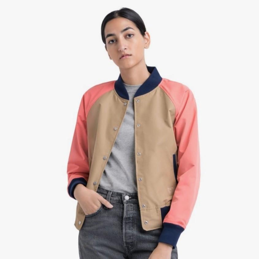 Herschel Varsity Jacket Womens Beige Khaki Pink, Women's Fashion, Coats