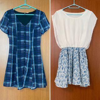 H&M Blue Checkered Dress & White and Blue Batik printed dress (Size S)