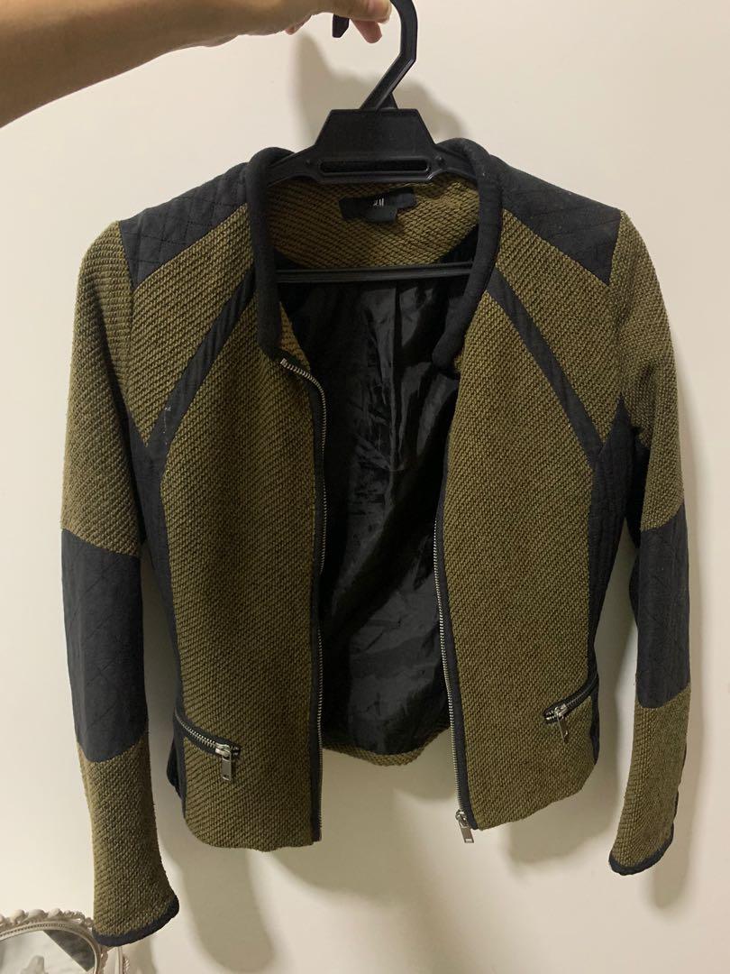 H&m green shop leather jacket
