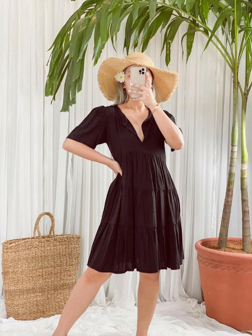 Plain black puff sleeves korean summer babydoll tiered linen dress