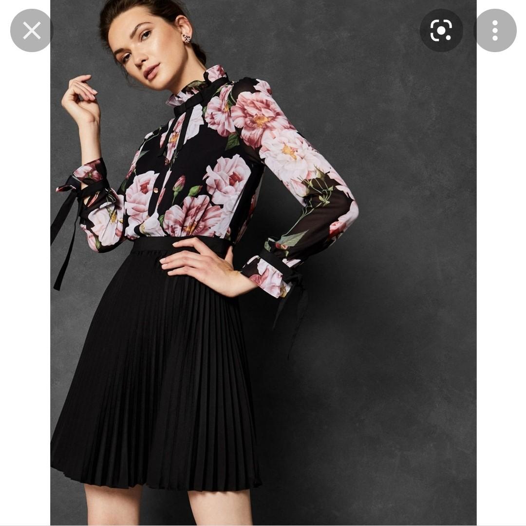 Ted Baker Pink Floral Print Black Pleated Dress
