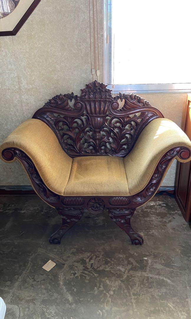 Antique Solid Wood Hand Carved Accent Chair, Furniture & Home Living
