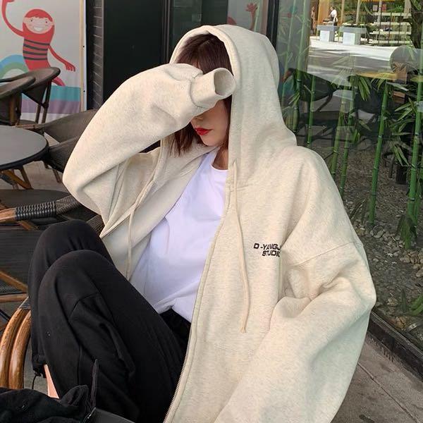 1372 white grey zip up jacket hoodie hooded ulzzang korean vintage retro warm outerwear
