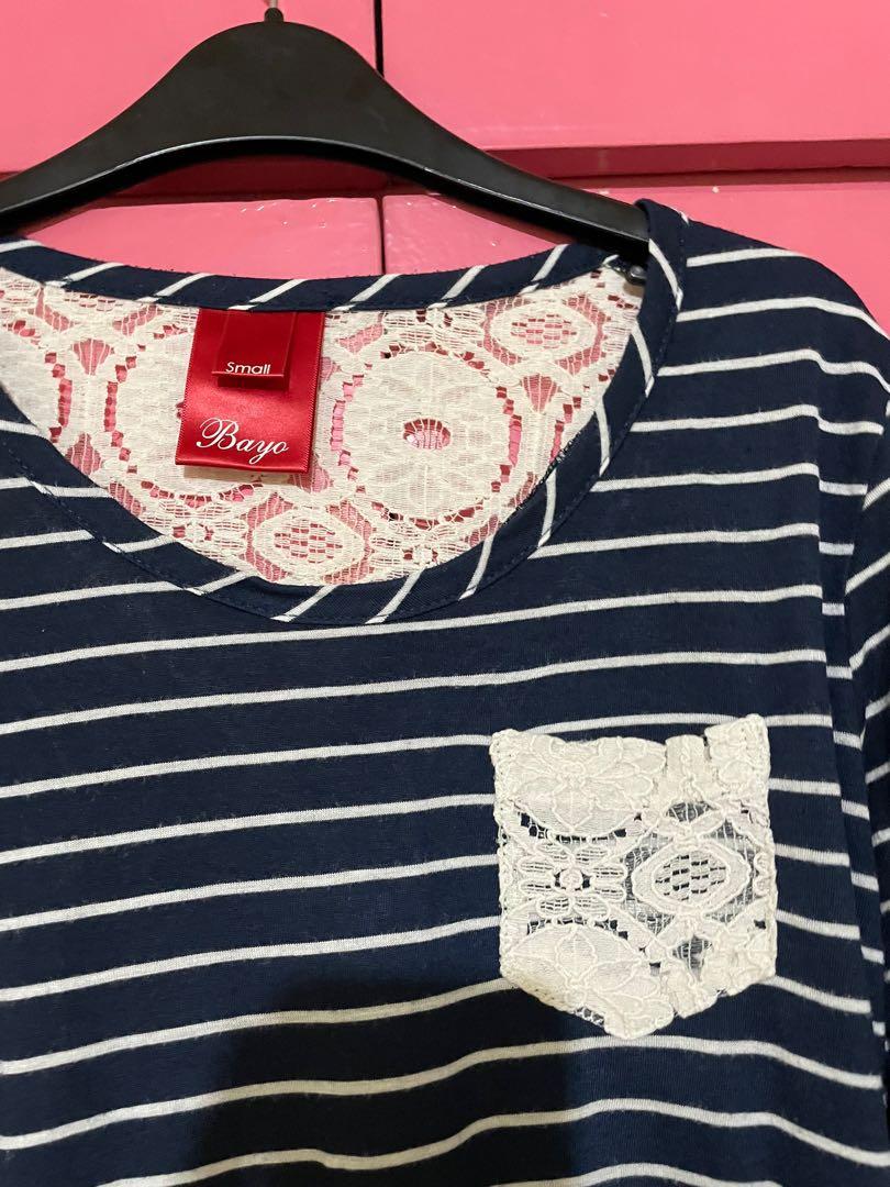 Bayo blouse (Category: Blouses) located in Quezon City. Submitted by savespaces (Listing ID 1125559214, Image 2). Description: Bayo striped blouse • size: s • well used • lace material sa front pocket at sa likod rfs: decluttering.