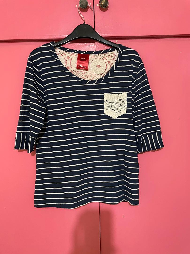 Bayo blouse (Category: Blouses) located in Quezon City. Submitted by savespaces (Listing ID 1125559214, Image 1). Description: Bayo striped blouse • size: s • well used • lace material sa front pocket at sa likod rfs: decluttering.