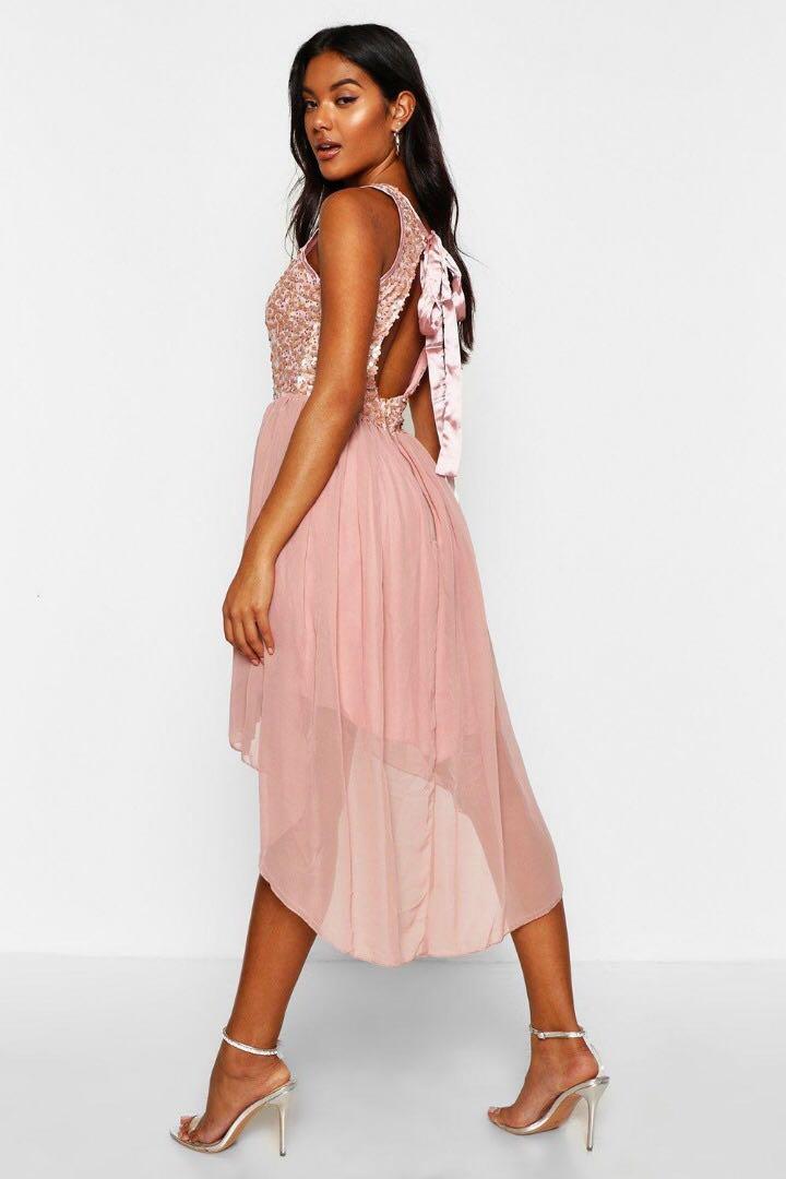 Sequin top open back chiffon dip hem dress 2025