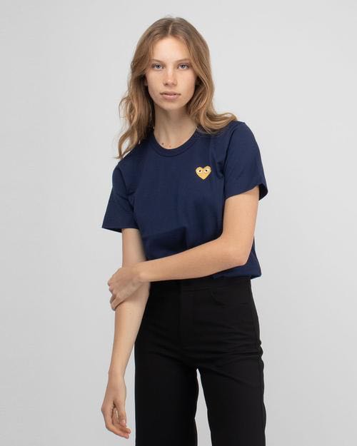 CDG Play Gold Heart T Shirt Navy Ladies Women s Fashion Tops