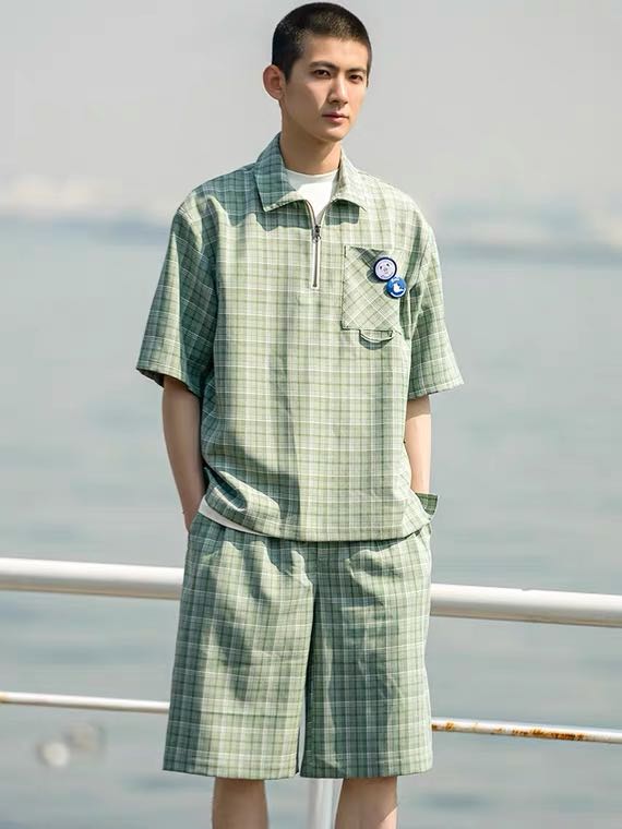 Set Checkered Plaid polo shirt and shorts