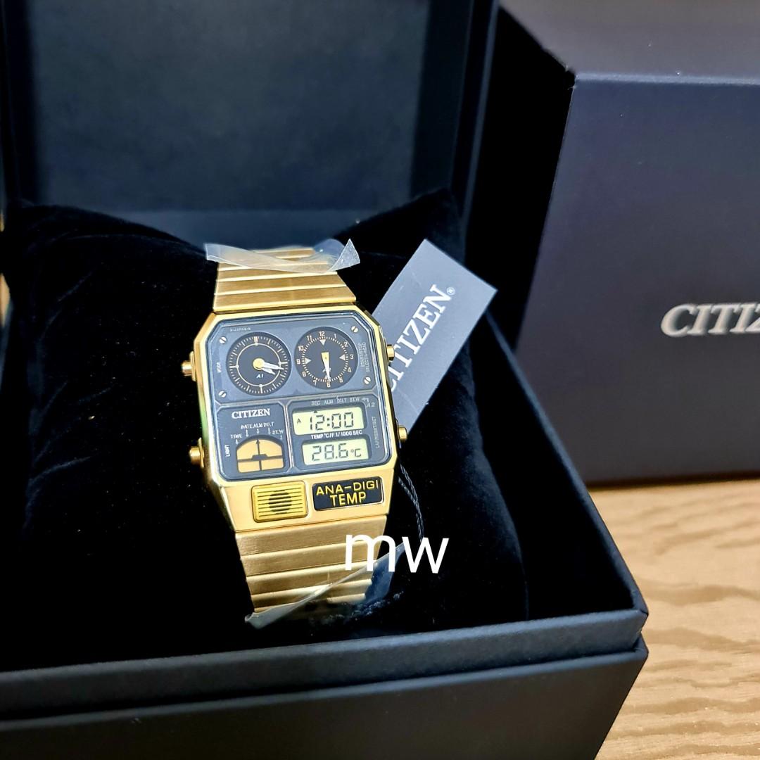 Citizen Jg2008 81e Retro Ana Digi Temperature Vintage Dual Time Gold Tone Watch Luxury Watches