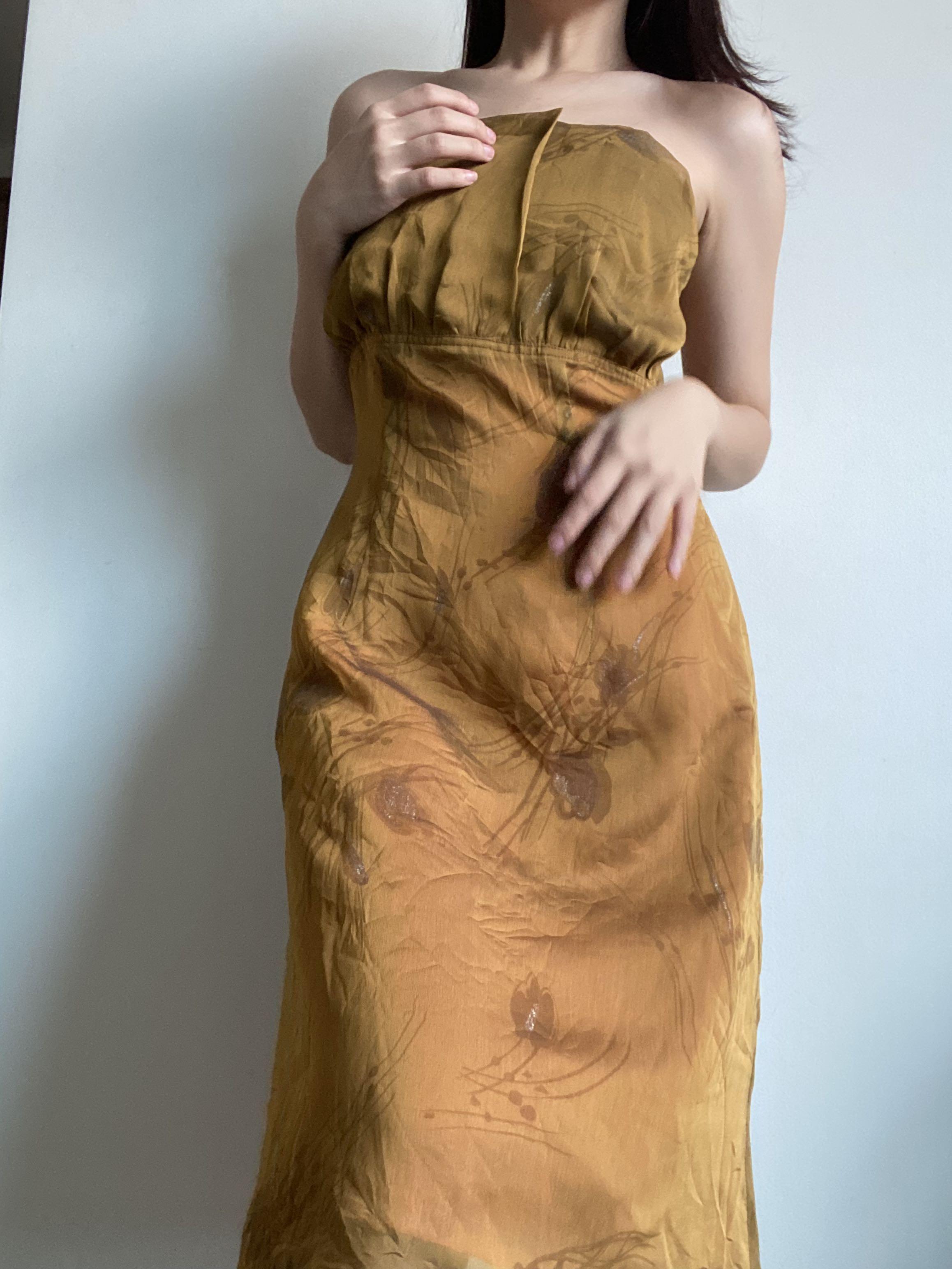 Golden Bias Cut Floral Double Lined Midi Dress Women s Fashion Dresses Sets Dresses on Carousell