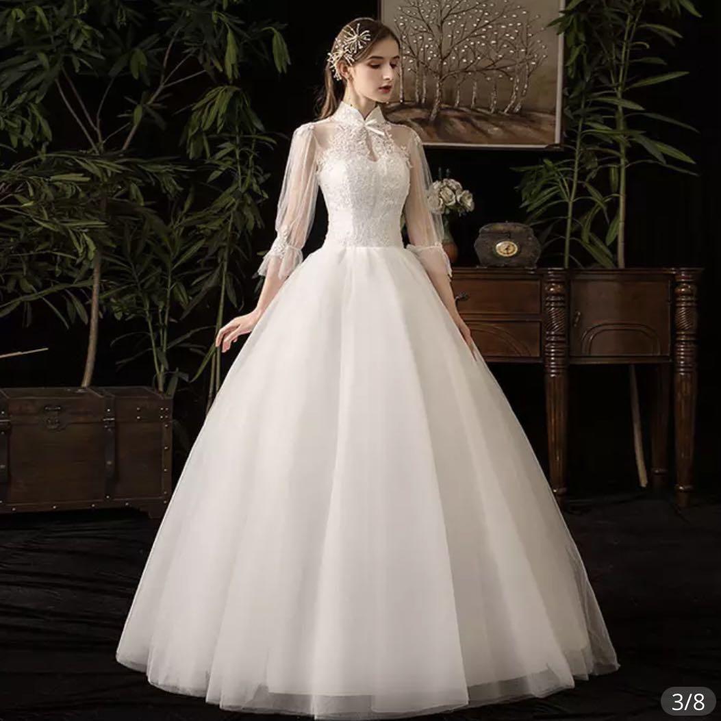 High Neck 3/4 Sleeve Wedding Dress 