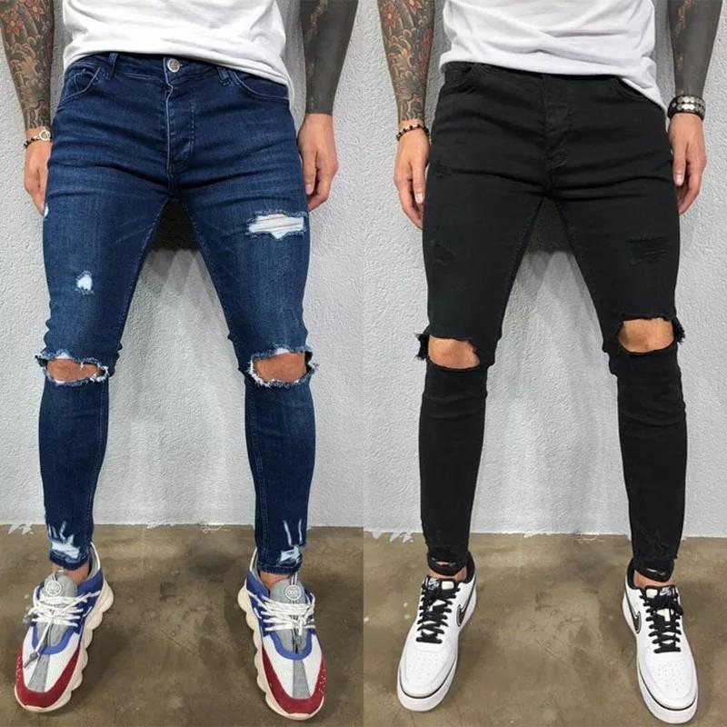 Knee hole Ripped Jeans Men Skinny blue & black High Street Style Elasticity  Slim Frayed Casual Men Pants Trousers Biker Jeans, Men's Fashion, Bottoms,  Jeans on Carousell