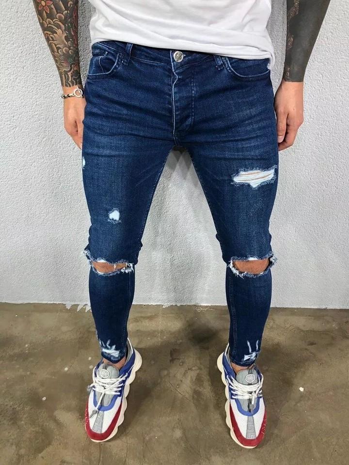 Mens Jeans Mens Casual Knee Hole Zipper Design Elastic Waist Pencil Slim  Fit Fashionable Urban Wind Style Cool Pants From Cinda01, $22.09 |  DHgate.Com
