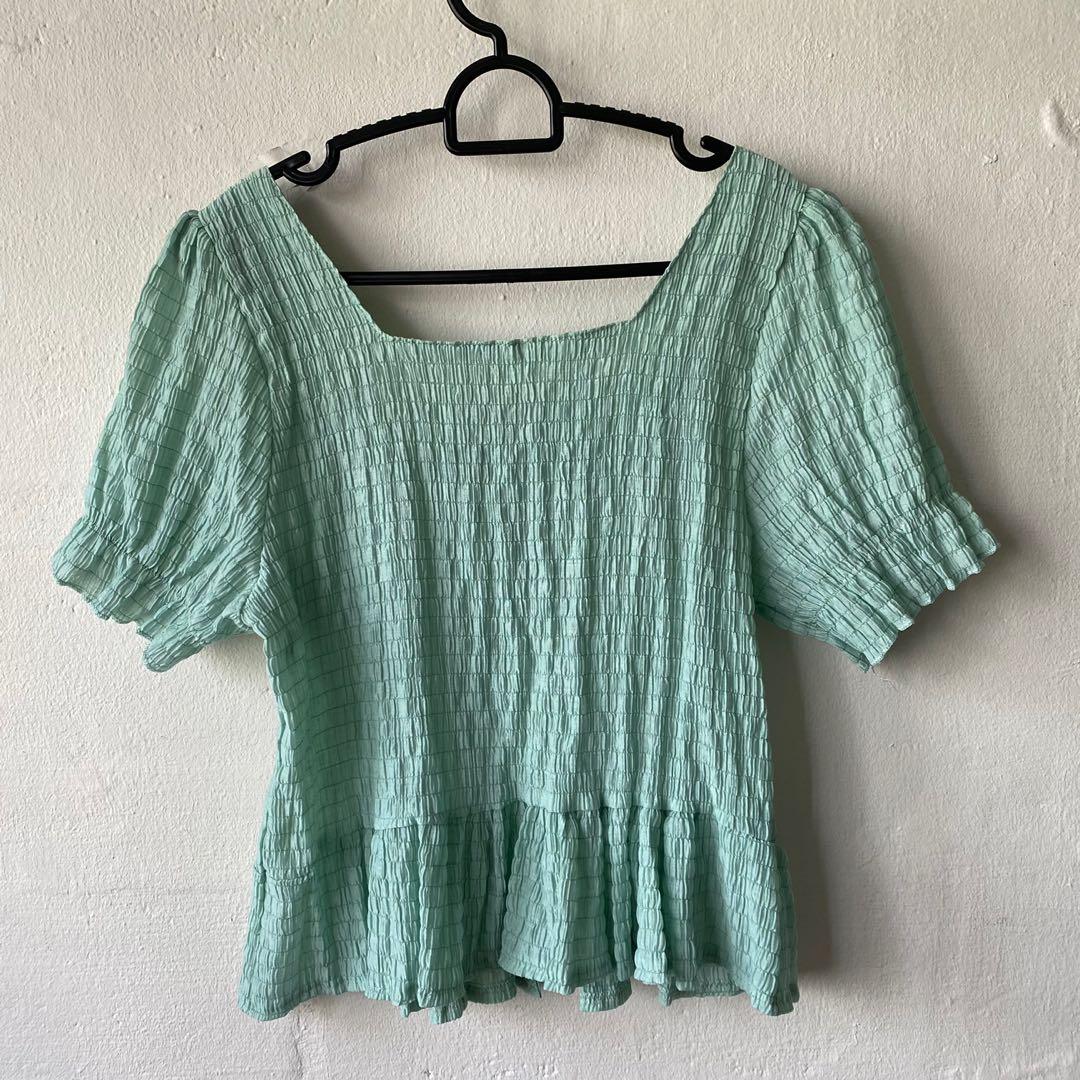 Seafoam green smocked crop top, Women's Fashion, Tops, Blouses on Carousell