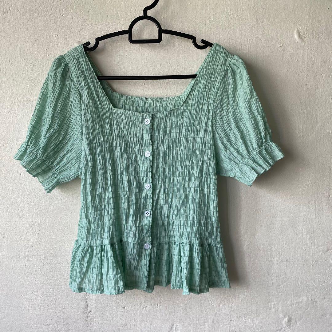 Seafoam green smocked crop top, Women's Fashion, Tops, Blouses on Carousell