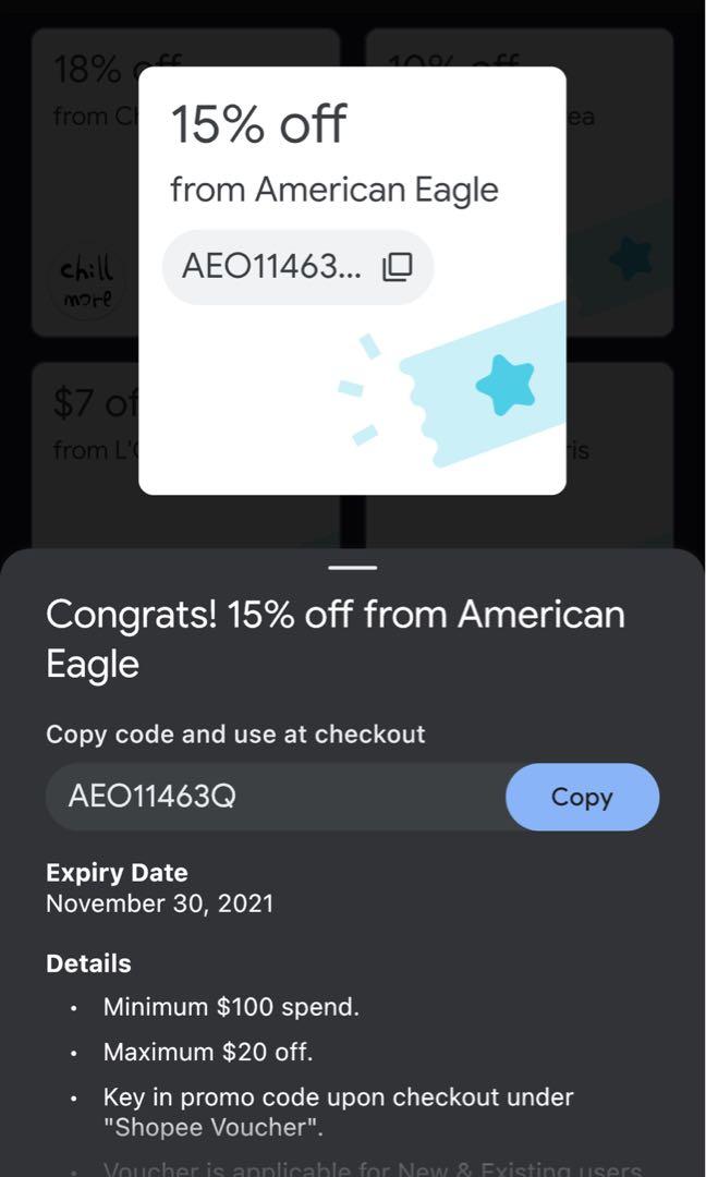 15% off American Eagle, Tickets & Vouchers, Vouchers on Carousell