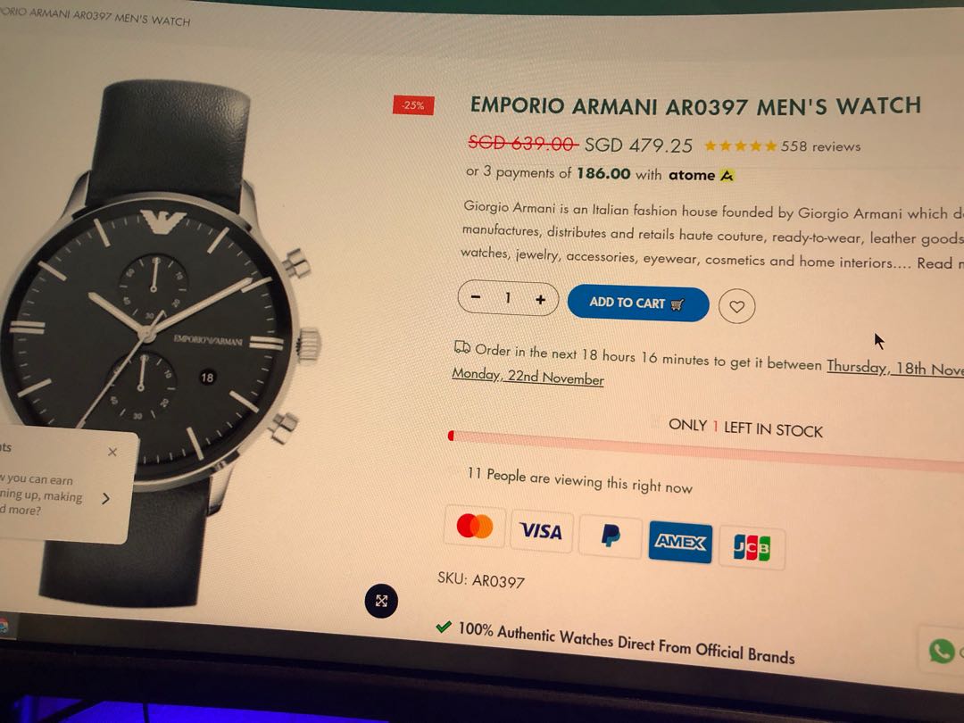 Emporio Armani AR 0397 Watch Authentic