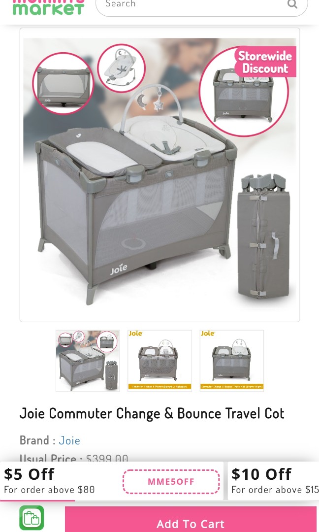 Joie Commuter Change & Bounce Travel Cot (with anti dustmite mattress