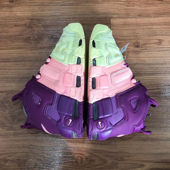 nike uptempo yellow pink purple