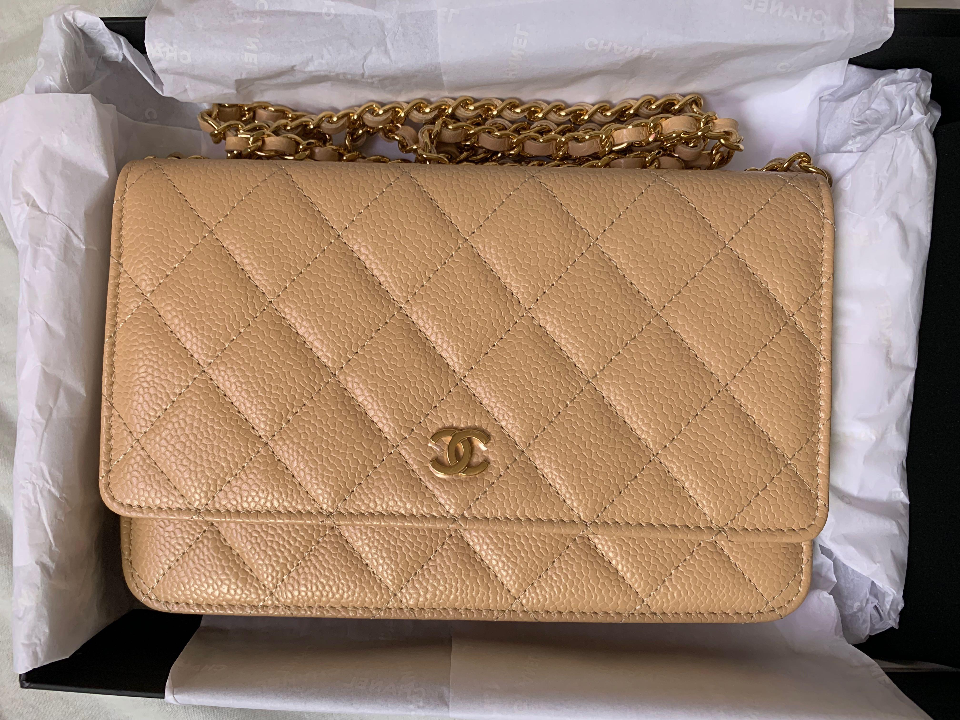 NIB 100%AUTH CHANEL 22C Beige Clair Caviar Leather Classic Wallet On Chain  WOC