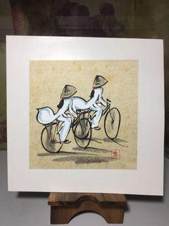 2 Women in Bicycles Vietnam 13 x 13 cm Watercolor Rice Paper Painting