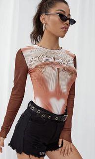 brown mesh long sleeve graphic