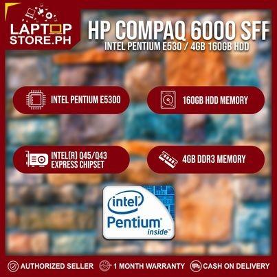 Computer Desktop Package CPU HP Compaq 6000 SFF Intel Pentium E5300 2.60ghz 4gb 160gb (Category: Desktops) located in Quezon City. Submitted by laptopstore.ph (Listing ID 1125950327, Image 2). Description: ▪️ HP Compaq 6000 SFF 📌 Intel Pentium E5300 2.60ghz 📌 4gb ddr3 memory (2 X 2gb) 📌 160gb sata 📌 Intel(R) Q45/Q43 Express Chipset 📌 LAN 📌 USB Slots 📌 PS2 ports 📌 VGA Package: System Unit Only Freebies: Power Cable WARRANTY: 1 Month Warran