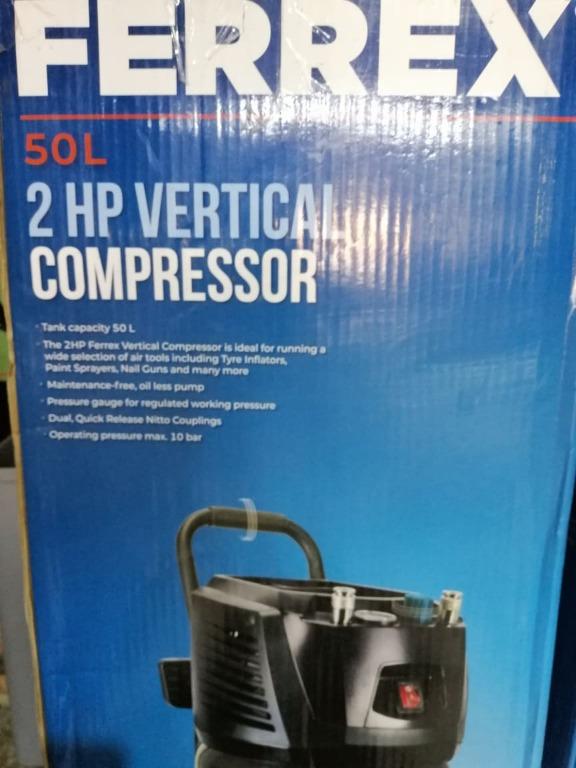 Ferrec 50L 2hp Vertical Compressor (Category: Construction Tools & Equipment) located in San Pedro. Submitted by aus-plus (Listing ID 1126001369, Image 3). Description: -tank caapacity 50L -the 2HP Ferrex Vertical Compressor is ideal for running a wide selection of air tools including tyre inflators,paint sprayers,nail guns and many more -maintenance-free oil less pump -pressure gauge for regulated working pressure -dual quick release nitto coupl