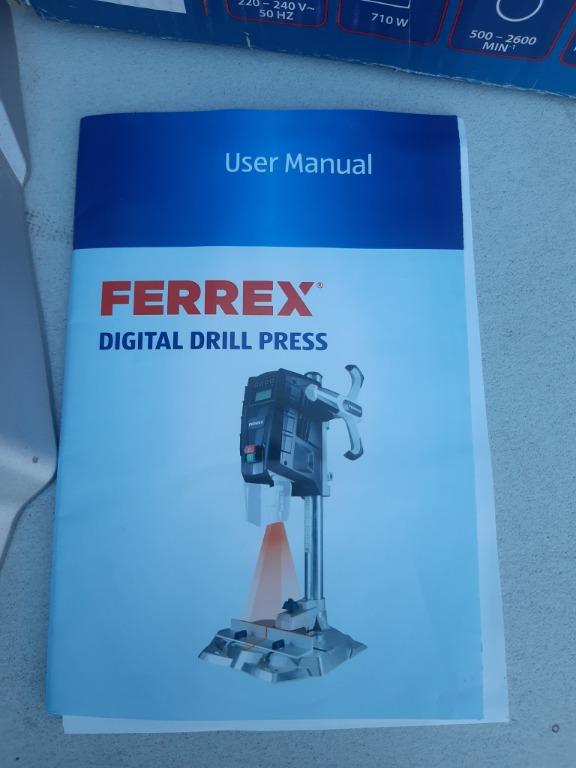 Ferrex Digital Drill Press 710W (Category: Construction Tools & Equipment) located in San Pedro. Submitted by aus-plus (Listing ID 1125931236, Image 3). Description: Ferrex Digital Drill Press 710W Surplus from Australia Price: P11,500 Features: ✅Precise setting of the speed of 500 - 2600 rpm via digital display ✅Integrated laser for precise drilling ✅Quick release clamp ✅280mm distance between clamping chuck and table ✅Stepless chuck clamping ra