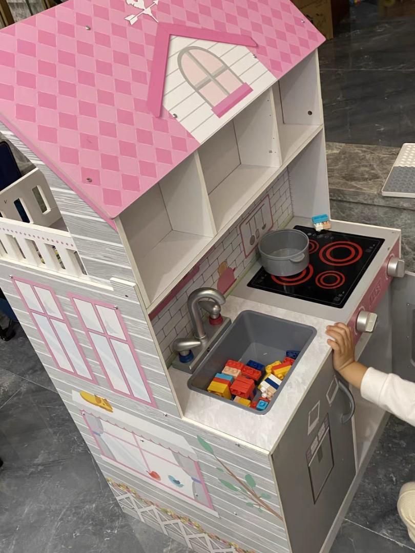 2 in 1 Wooden Kitchen doll house with Furniture Baby pretend
